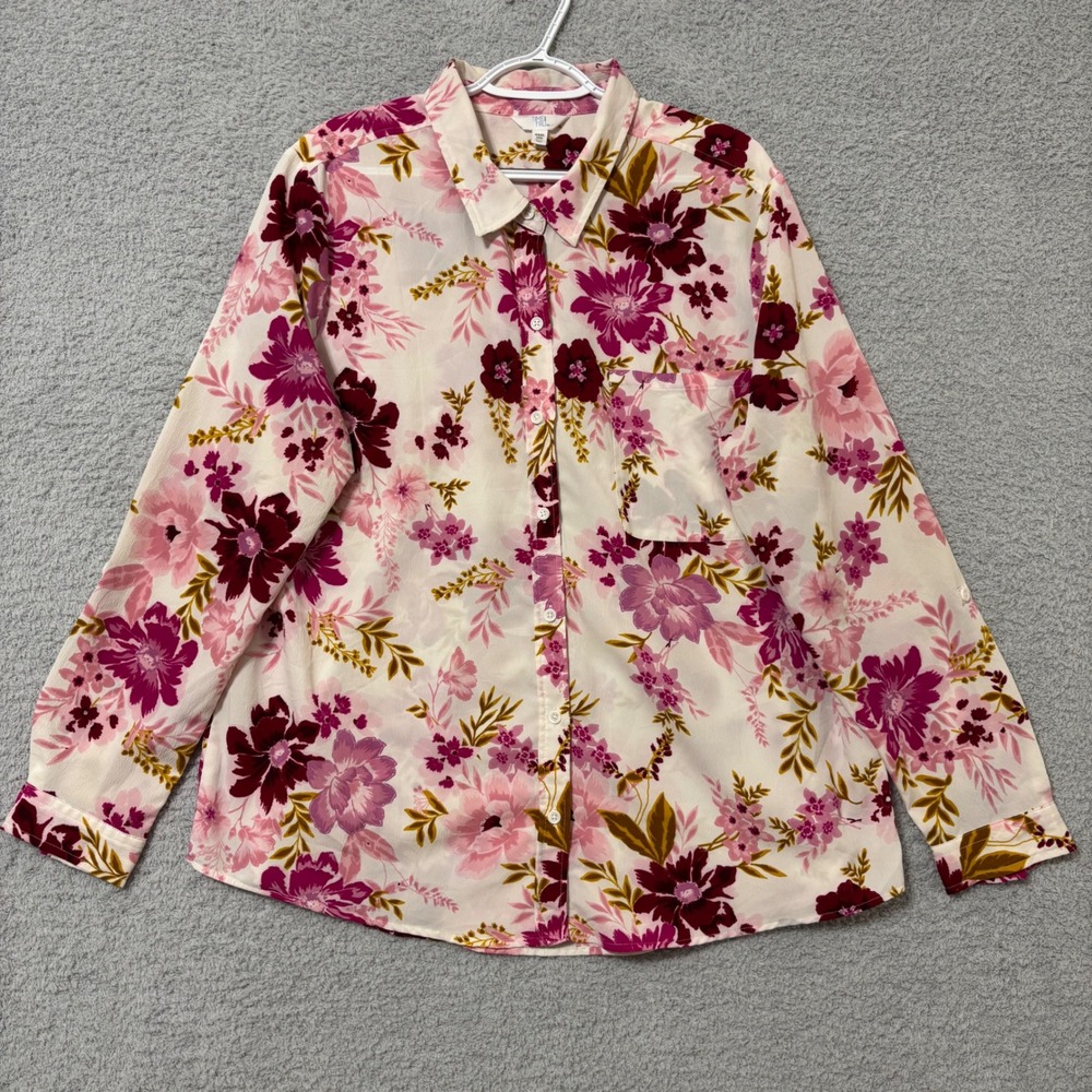 Work Casual Floral Button Up Shirt Roll Tab Sleeve Layering Office Pink Plus 3X